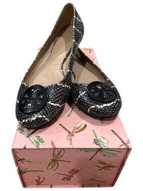 Tory Burch Reva Flats Women 8M Black White Snakeskin Leather Logo Ballet Shoes